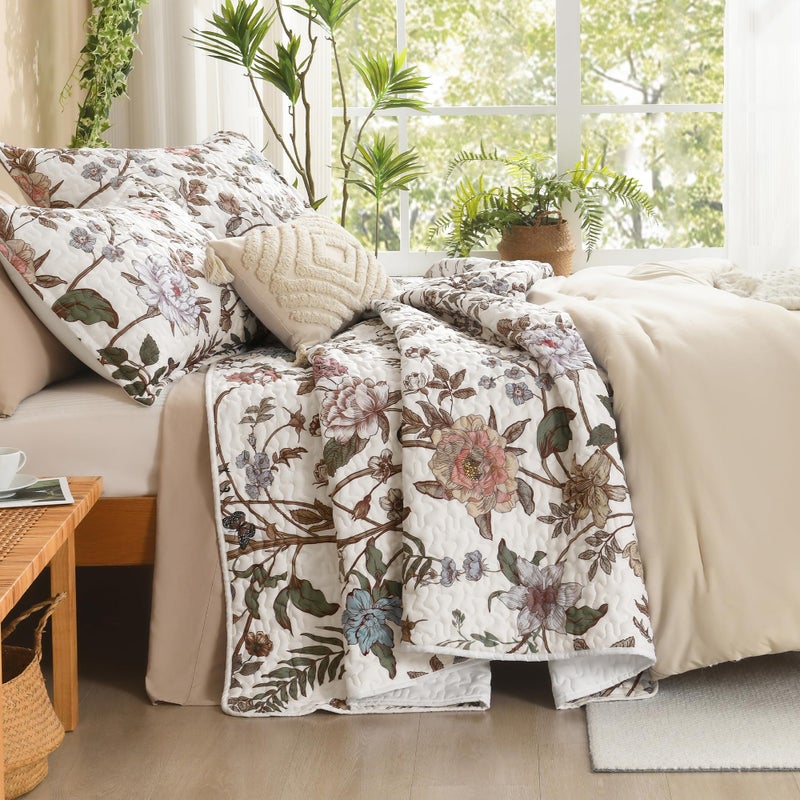 Litanika Floral White Quilt California King Size - 3 Pieces Cal King Botanical Birds Pattern Quilt Bedding, Lightweight Soft Coverlet for All Seasons (112"x104") - Image 2