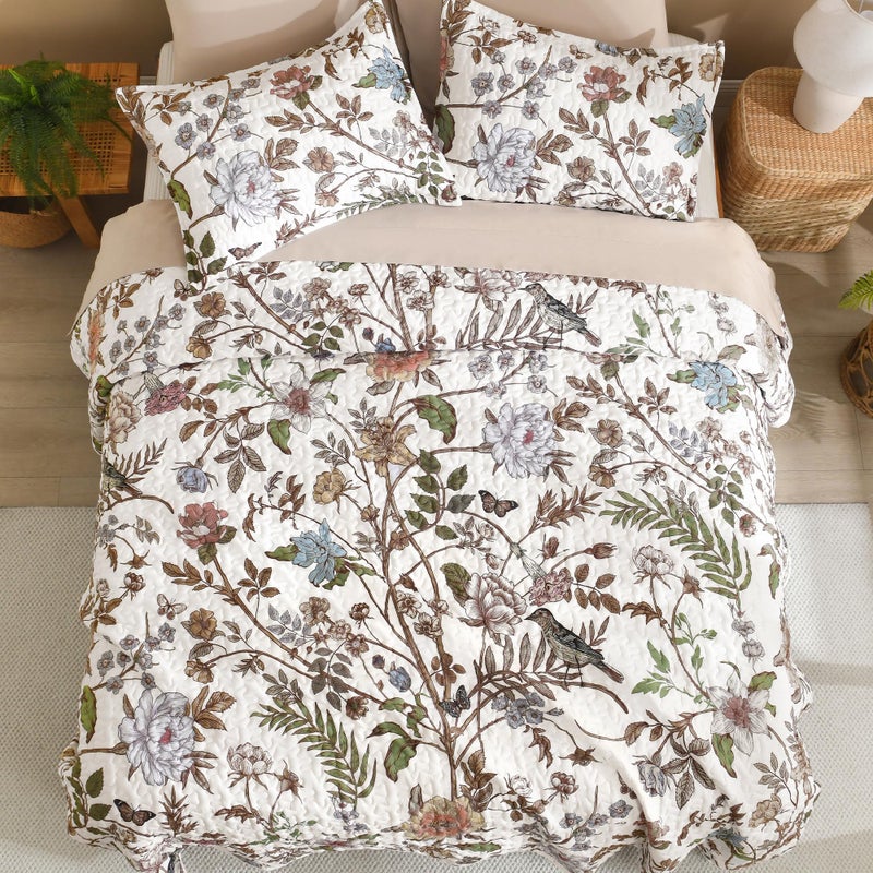Litanika Floral White Quilt California King Size - 3 Pieces Cal King Botanical Birds Pattern Quilt Bedding, Lightweight Soft Coverlet for All Seasons (112"x104") - Image 4