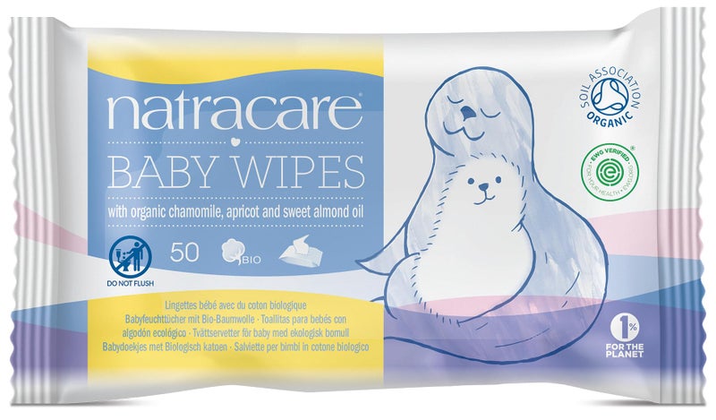 Natracare Organic Cotton Baby Wipes With Essential Oils of Chamomile, Apricot and Sweet Almond Oil (1 Pack, 50 Wipes Total) - Image 1