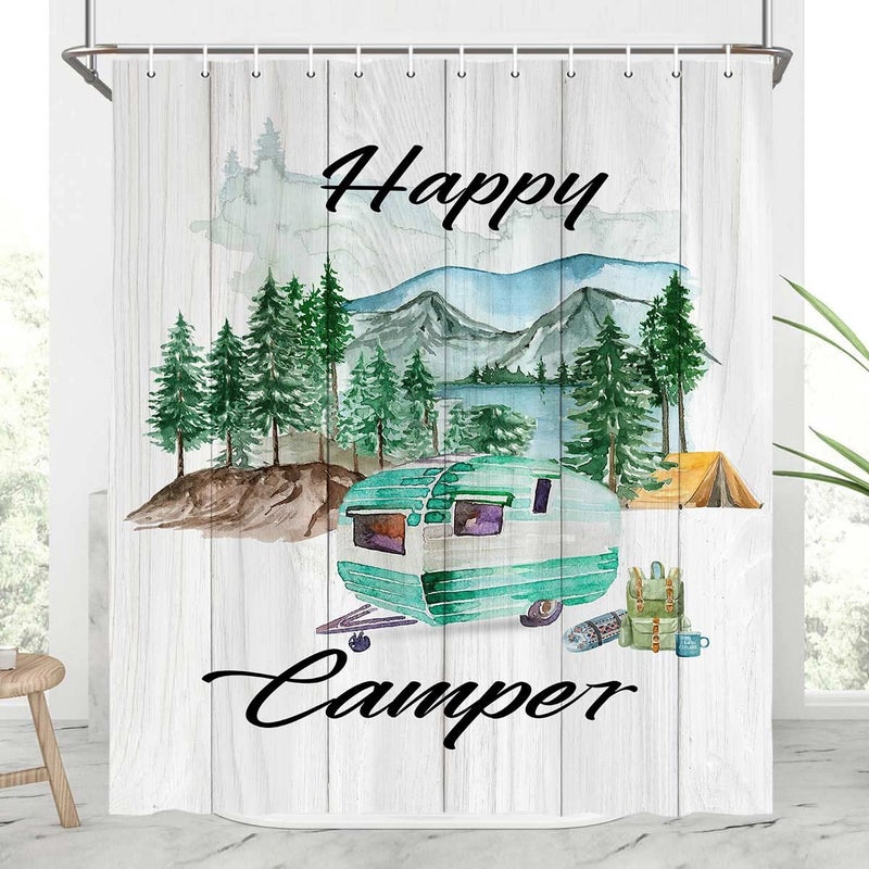 Bzhilja Happy Camper RV Shower Curtain  Mountain Forest Green Tees with Trailer on Wooden Board Camping Themed Bath Curtain  Adventurer Shorter Narrow Fabric Camper Small Curtains   36x72 Inch with Hook - Image 2