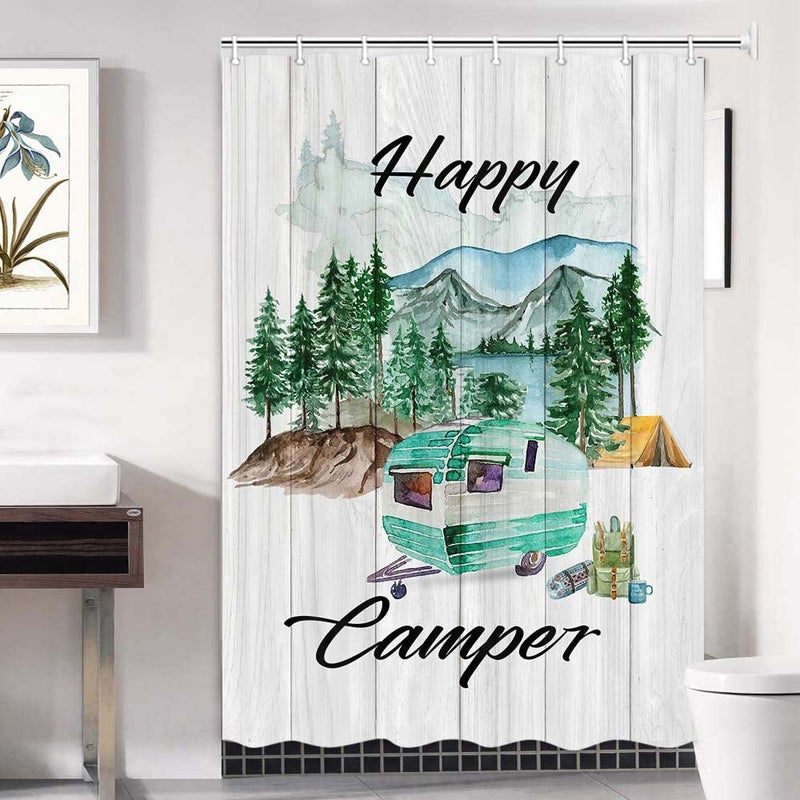 Bzhilja Happy Camper RV Shower Curtain  Mountain Forest Green Tees with Trailer on Wooden Board Camping Themed Bath Curtain  Adventurer Shorter Narrow Fabric Camper Small Curtains   36x72 Inch with Hook - Image 1