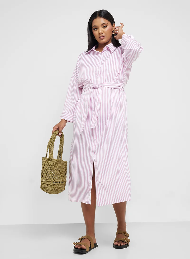 Ginger Plus Button Down Shirt Dress With Belt