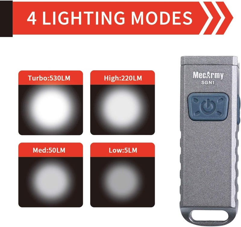 MecArmy SGN1 Mini USB Rechargeable Keychain EDC Flashlight - 530 Lumens, 4 Modes, Zinc Alloy (Gray) - Image 3