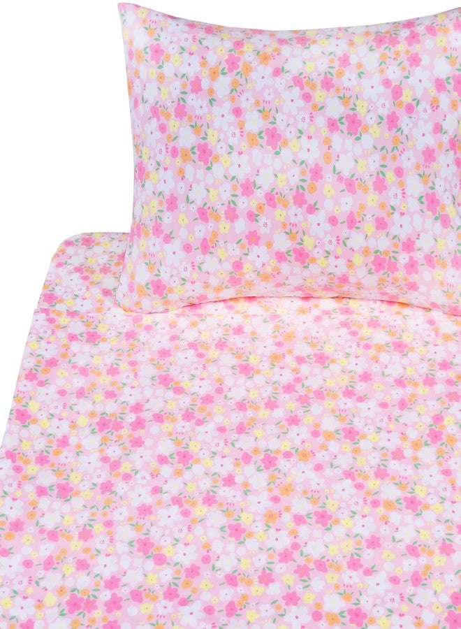 J-pinno Pink Floral Flower Cartoon 100% Cotton Twin 3 Pieces Sheet Set Decoration Kids Boys Girls Children Flat Sheet + Fitted Sheet + Pillowcase Bedding Set - Image 3