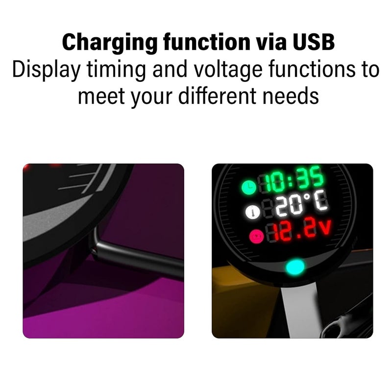 LED Motorcycle Voltmeter Ambient Temperature Meter Chronograph, 9-24V Universal, Multi - Function Display - Compact Lightweight Design, USB Charging Support, Easy Installation - Image 3