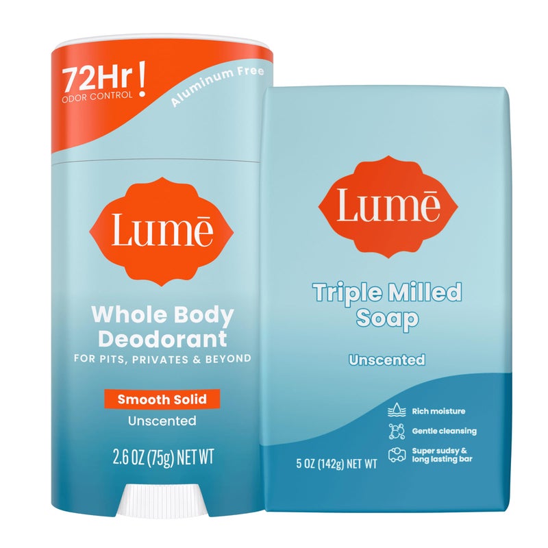 Lume Whole Body Deodorant And Soap - 2.6 Ounce Smooth Solid Stick With 72 Hour Odor Control and 5 Ounce Triple Milled Soap - Aluminum Free, Baking Soda Free and Skin Loving (Unscented) - Image 1