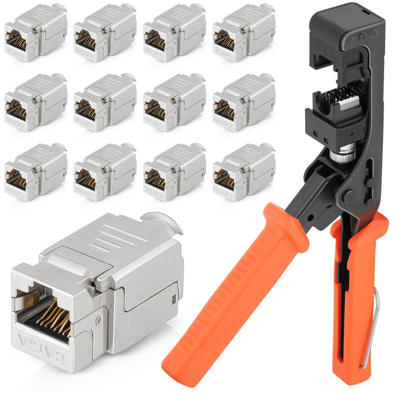 Everest Media Solutions easySHIELD (CAT6A Kit) - Speed Termination Tool, with 12 Slim Profile, 90-Degree RJ45 Shielded Keystone Jacks - F/STP Punch Down Crimper - Tested for CAT5e, CAT6, CAT6A, CAT7 - Image 1