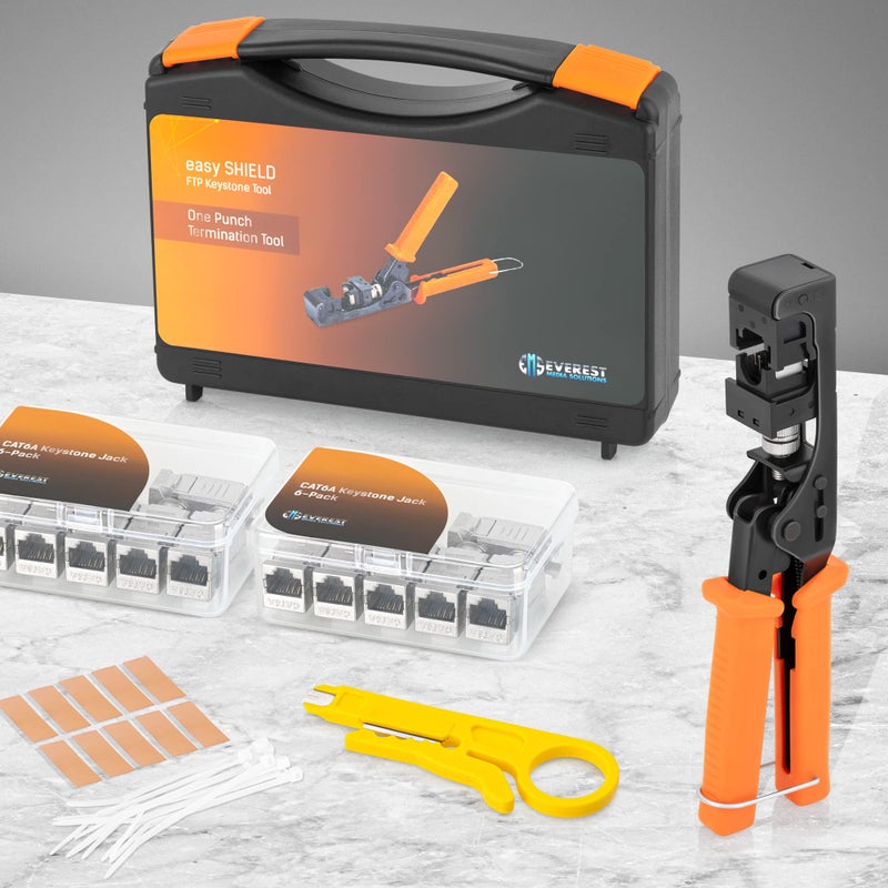 Everest Media Solutions easySHIELD (CAT6A Kit) - Speed Termination Tool, with 12 Slim Profile, 90-Degree RJ45 Shielded Keystone Jacks - F/STP Punch Down Crimper - Tested for CAT5e, CAT6, CAT6A, CAT7 - Image 2
