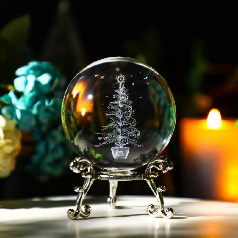 ZEERSHEE 3D Laser Engraved Christmas Tree Paperweights Crystal Ball with Stand 3D Glass Christmas Tree Figurine for Home Party Xmas Decoration 23in