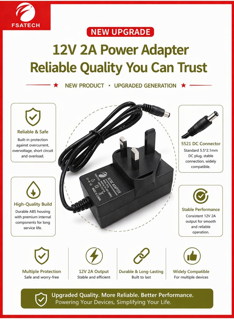 FSATECH New Generation 12V 2A Power Adapter 24W | Stable & Safe Output | AC 100-240V | 5.5×2.1mm for CCTV, Router, LED Strip - Image 3