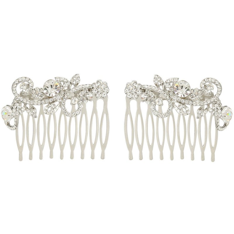 EVER FAITH SilverTone Austrian Crystal Wedding Floral Leaf Vine Hair Comb Set of 2 Clear