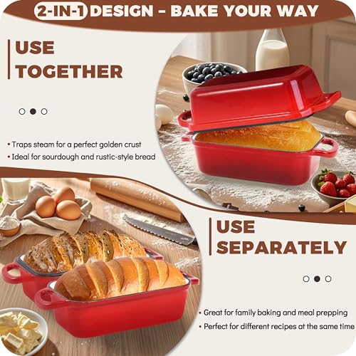 Articasting Cast Iron Bread Loaf Pan with Lid, 2 In 1 Loaf Pans for Baking Bread 9x5, Enameled Bread Pans for Homemade Bread, Sourdough, Even Heating Bread Dutch Oven, Red - Image 4