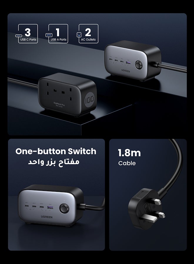 يو جرين موزع طاقة 100 واط، شاحن USB-C، محطة شحن DigiNest Pro متعددة المنافذ، سلك تمديد سريع، قابس شاحن سريع مع منفذي تيار متردد، 3C1A، سلك تمديد بطول 1.8 متر، مناسب لأجهزة الكمبيوتر المكتبية والمنزلية، سامسونج S26U، وسلسلة آيفون 17 6 IN 1 100W - Image 3