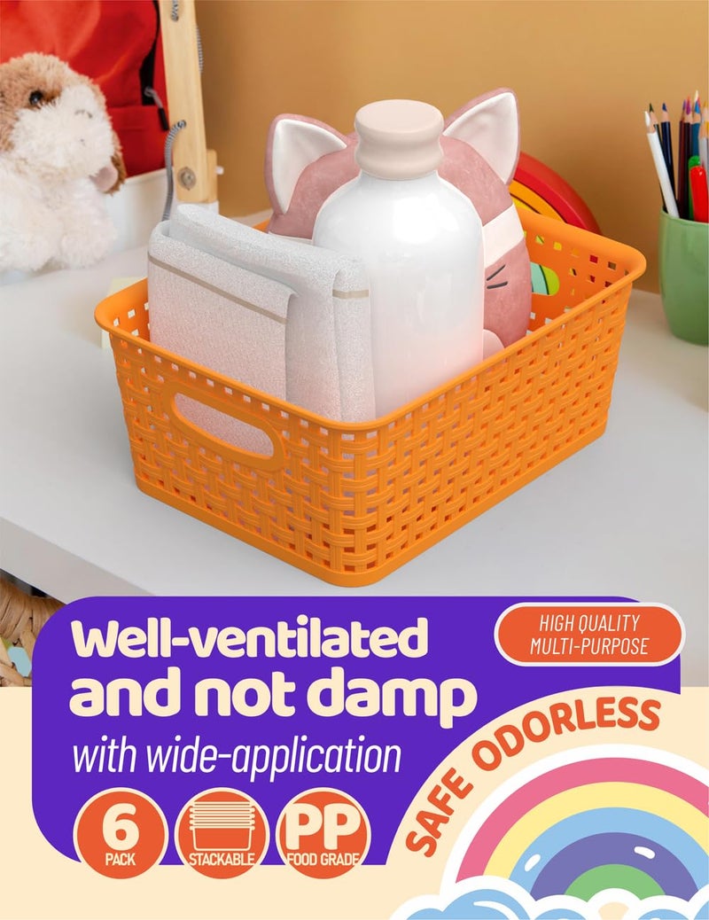Wyt 6-Pack Plastic Small Shelf Storage Weave Baskets Organizing For Cabinets And Pantries  Orange - Image 4