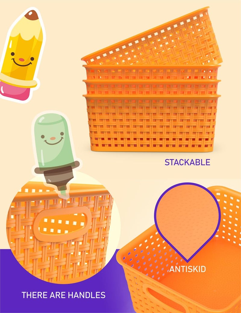 Wyt 6-Pack Plastic Small Shelf Storage Weave Baskets Organizing For Cabinets And Pantries  Orange - Image 3