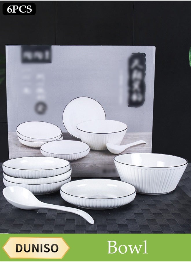 DUNISO Six-Piece Set,Dinner Set White, Sauce Dish Ceramic Dipping Sauce Bowl, Nordic Style Serving Bowl, Suitable For Dessert, Appetizer, Ketchup, Salad, Sushi, Noodles, Soup, Large Capacity Bowl And Plate With Large Spoon  - Image 1