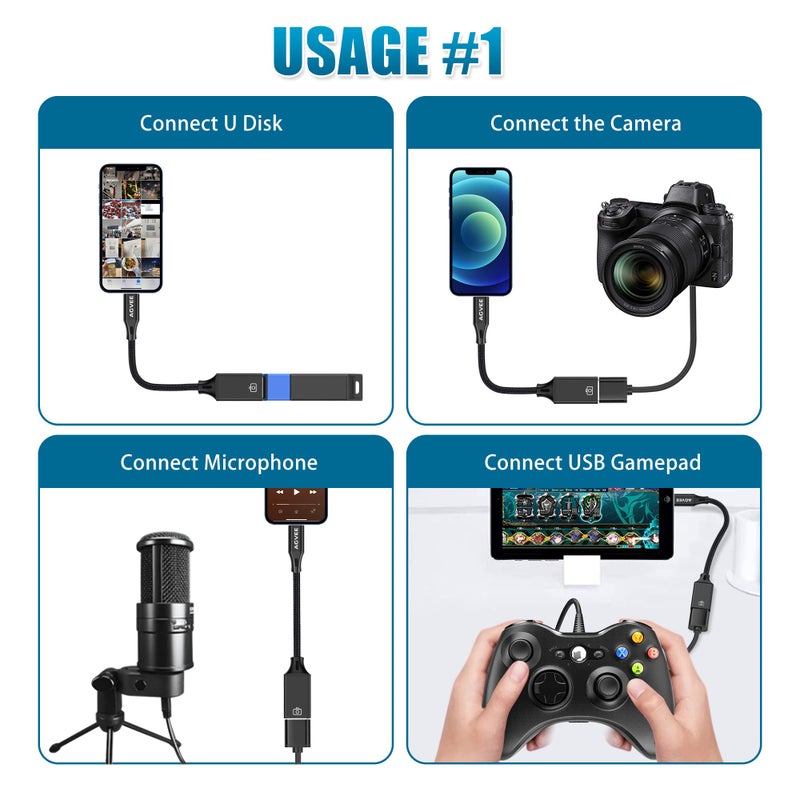 AGVEE 4 inch Lightning to USB Female Camera Adapter, OTG Cable for iPhone iPad to Connect Card Reader, USB Flash Drive, MIDI, Keyboard, Mouse, Hubs, Plug & Play, Black - Image 2