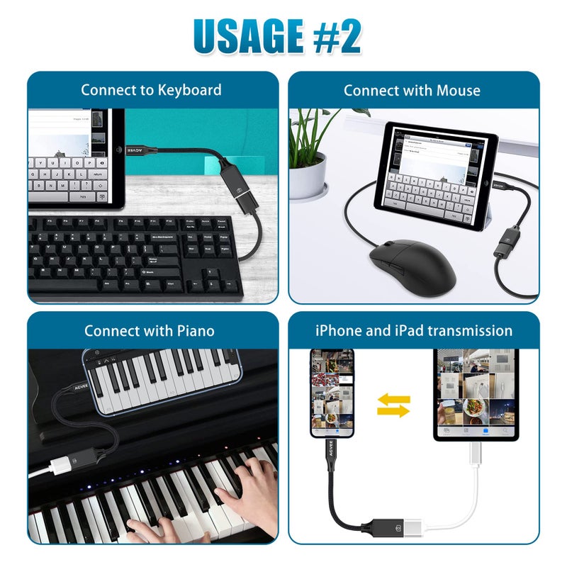 AGVEE 4 inch Lightning to USB Female Camera Adapter, OTG Cable for iPhone iPad to Connect Card Reader, USB Flash Drive, MIDI, Keyboard, Mouse, Hubs, Plug & Play, Black - Image 3