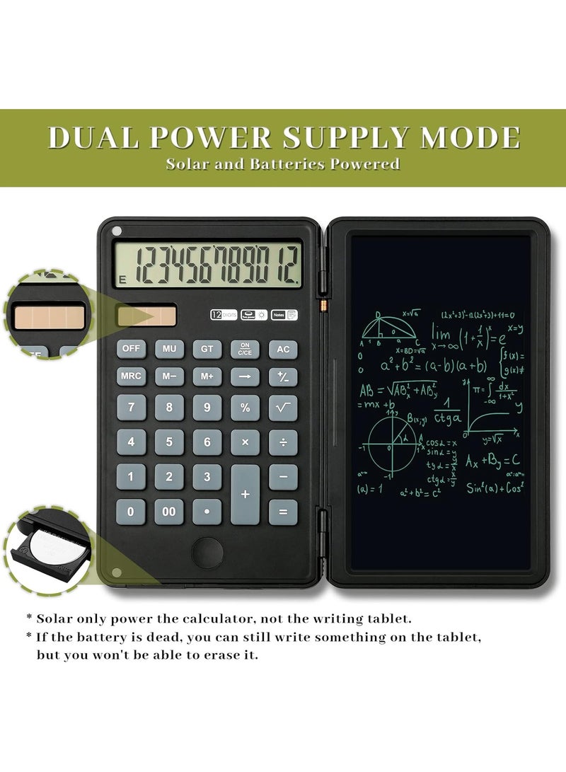 آلات حاسبة، آلة حاسبة مكتبية صغيرة قابلة لإعادة الشحن مع شاشة كبيرة 12 رقم، تابلت كتابة قابل للمسح، آلة حاسبة أساسية صامتة مع لوحة خربشة للطلاب، أسود - Image 1