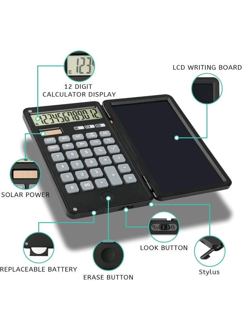 آلات حاسبة، آلة حاسبة مكتبية صغيرة قابلة لإعادة الشحن مع شاشة كبيرة 12 رقم، تابلت كتابة قابل للمسح، آلة حاسبة أساسية صامتة مع لوحة خربشة للطلاب، أسود - Image 3