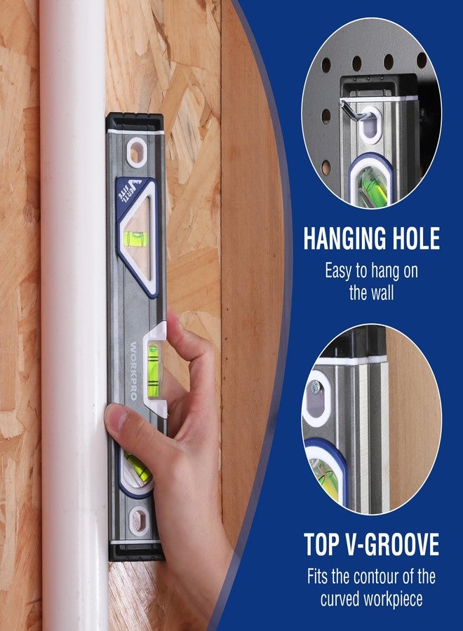 WORKPRO 10 Inch Torpedo Level, Small leveler tool with 3 Different Bubbles 45°/90°/180°, bubble level With Shock Absorbing End Caps, V-Groove for Conduit Bending, Silver/White/Blue - Image 5