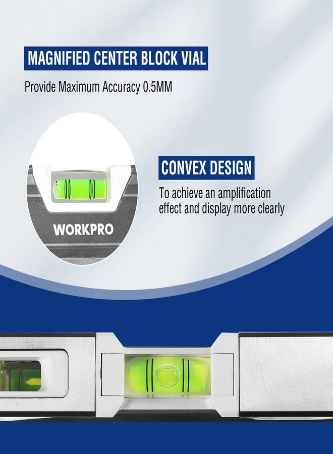 WORKPRO 10 Inch Torpedo Level, Small leveler tool with 3 Different Bubbles 45°/90°/180°, bubble level With Shock Absorbing End Caps, V-Groove for Conduit Bending, Silver/White/Blue - Image 4
