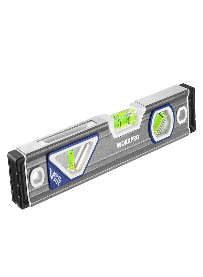 WORKPRO 10 Inch Torpedo Level, Small leveler tool with 3 Different Bubbles 45°/90°/180°, bubble level With Shock Absorbing End Caps, V-Groove for Conduit Bending, Silver/White/Blue - Image 1