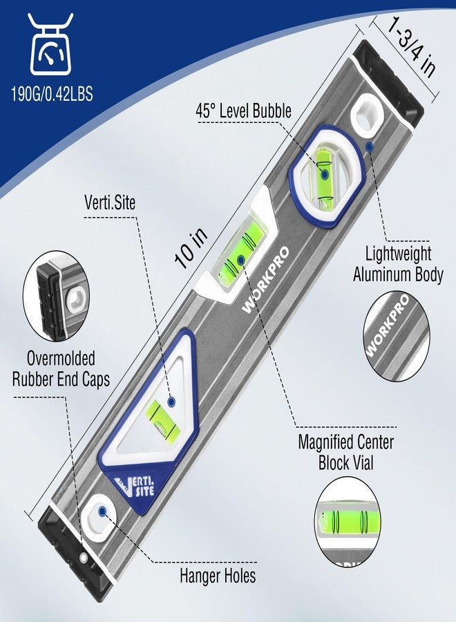WORKPRO 10 Inch Torpedo Level, Small leveler tool with 3 Different Bubbles 45°/90°/180°, bubble level With Shock Absorbing End Caps, V-Groove for Conduit Bending, Silver/White/Blue - Image 2