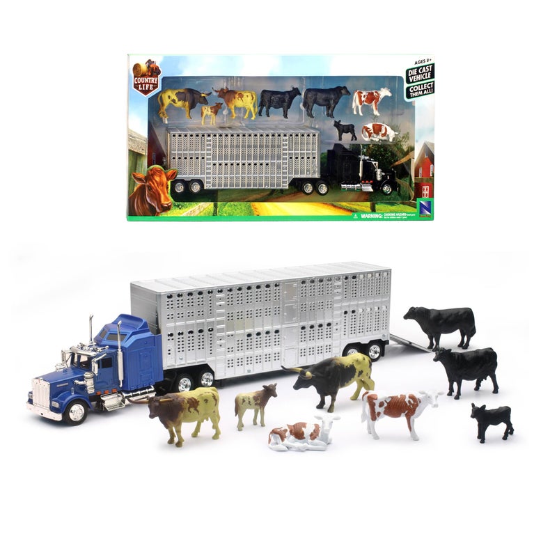 NewRay New Ray Country Life 143 Livestock Playset  DieCast Semi Truck  Trailer with 10 Cattle FreeWheeling Farm Vehicles Opening Rear Door Ages 8 Rural Imaginative Play Set - Image 3