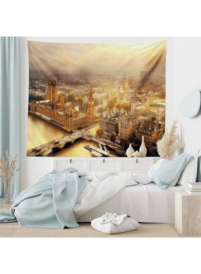 Ambesonne Cityscape Tapestry Westminster Aerial View Thames River And London Urban Scene Panoramic Wide Wall Hanging For Bedroom Living Room Dorm 80" X 60" Yellow - Image 1