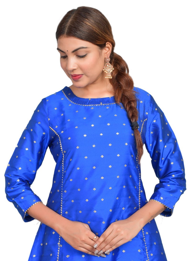 Riara Women Royal Blue Kurta Pant Set Summer Suit Solid Colour Flared Kurti with Pant Casual Kurta Set for Girls Art Silk (Taffeta Booty) Size S  - Image 3