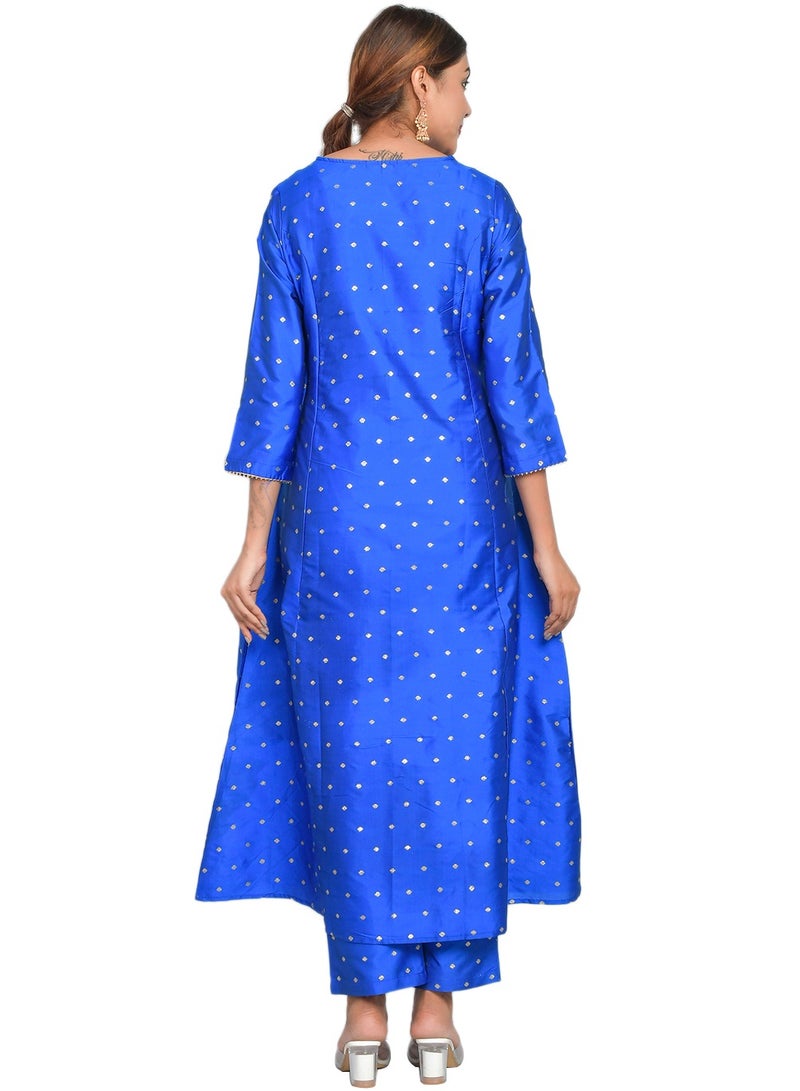 Riara Women Royal Blue Kurta Pant Set Summer Suit Solid Colour Flared Kurti with Pant Casual Kurta Set for Girls Art Silk (Taffeta Booty) Size S  - Image 4