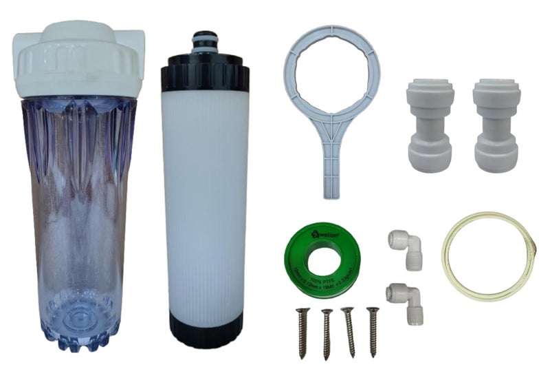 WELLON 10-Inch Washable UF Filter Kit with Transparent Housing – Includes UF Filter, 10” Clear Housing, Bracket, Spanner, Elbow Connectors, Teflon Tape & 4 Meter 3/8” CCK Pipe – for Pre-Filtration - Image 1
