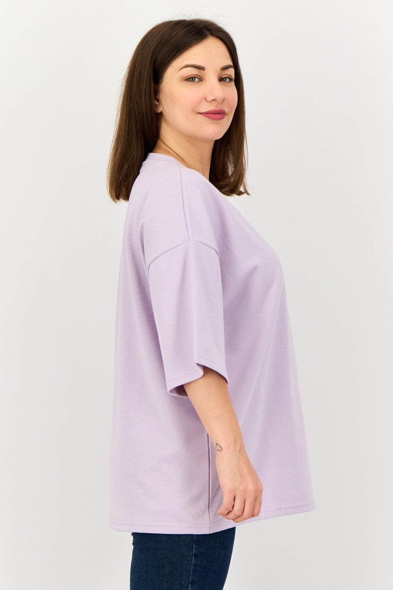 Core Elements Women Crew Neck Plain Short Sleeve T-Shirt, Lavender - Image 3