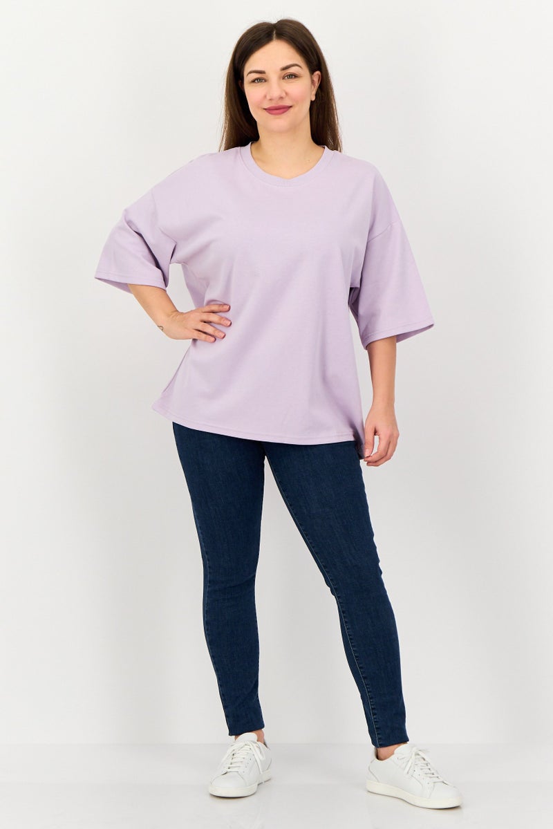 Core Elements Women Crew Neck Plain Short Sleeve T-Shirt, Lavender - Image 4