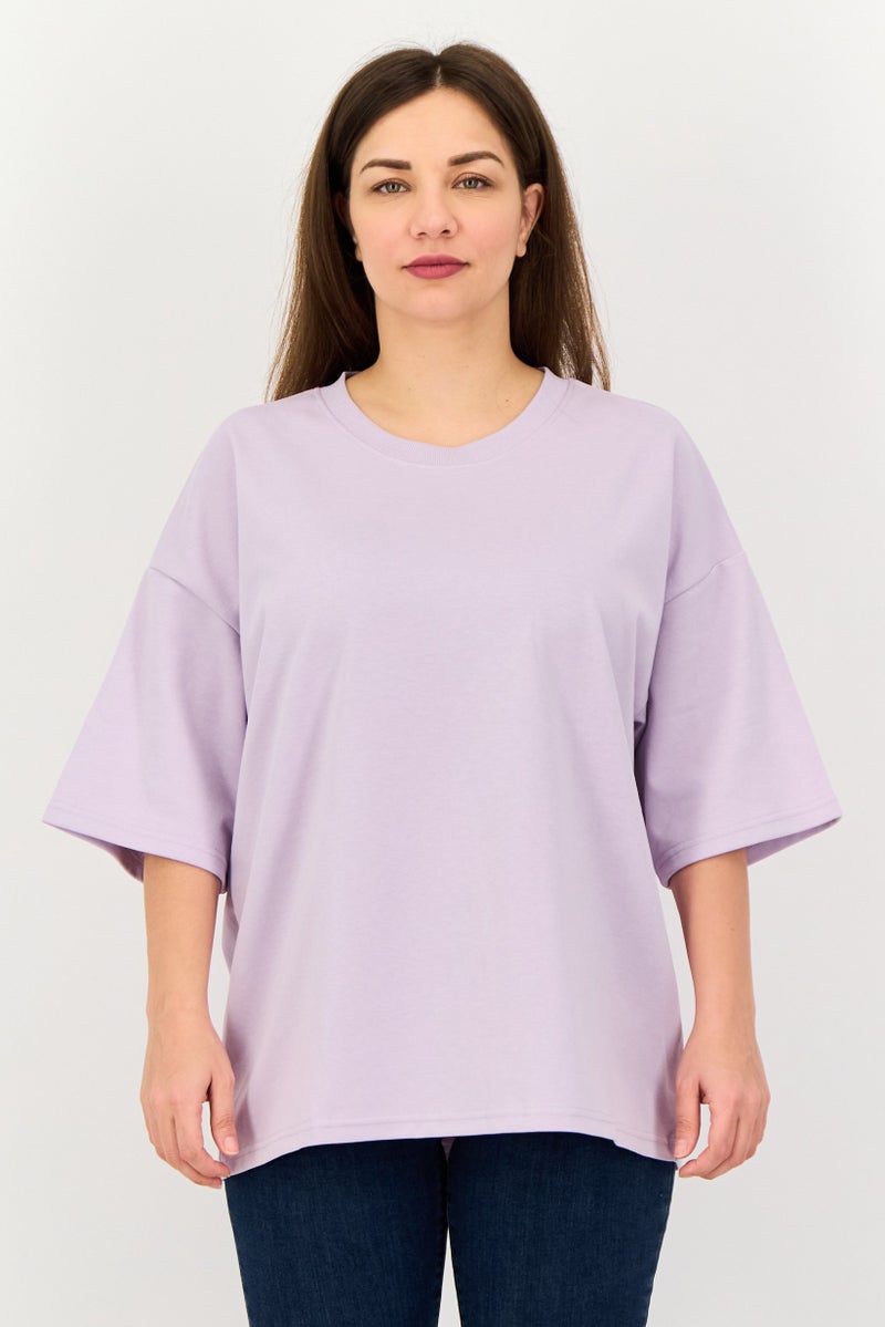 Core Elements Women Crew Neck Plain Short Sleeve T-Shirt, Lavender - Image 1