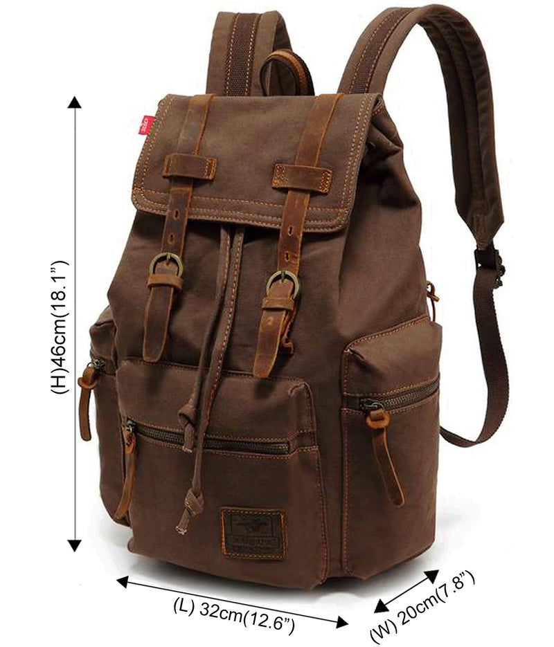 HuaChen Vintage Canvas Backpack, Large Capacity Rucksack with Leather, 15″ Laptop Compartment & Hidden Anti‑Theft Pocket,Hiking/School/Travel Daypack for Men & Women - M32 Coffee L - Image 2