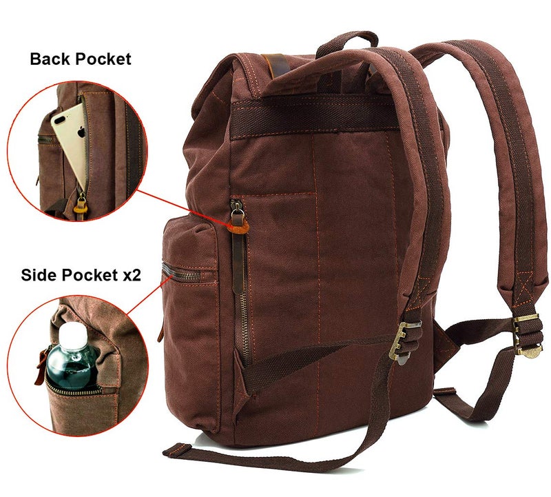 HuaChen Vintage Canvas Backpack, Large Capacity Rucksack with Leather, 15″ Laptop Compartment & Hidden Anti‑Theft Pocket,Hiking/School/Travel Daypack for Men & Women - M32 Coffee L - Image 3