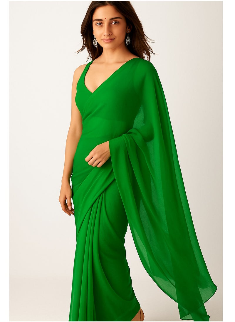 Accessorize Kingdom - Women's Plain Pure Georgette Saree With Unstitched Blouse Piece - Image 1