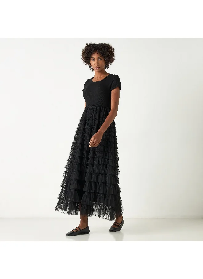 2Xtremz 2Xtremz Midi Dress with Round Neck and Ruffle Detail