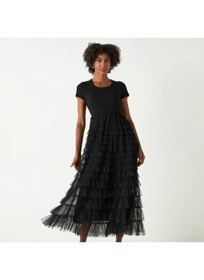2Xtremz 2Xtremz Midi Dress with Round Neck and Ruffle Detail