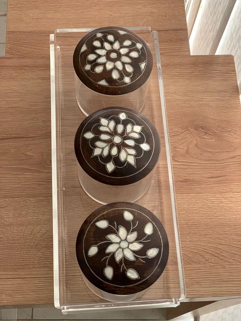 Horoof Home® Acrylic Tray with Wooden Lid Jars – Elegant Clear & Brown Organizer | Handmade Floral Design | Decorative Storage Box – 38L x 15W x 5H cm - Image 2
