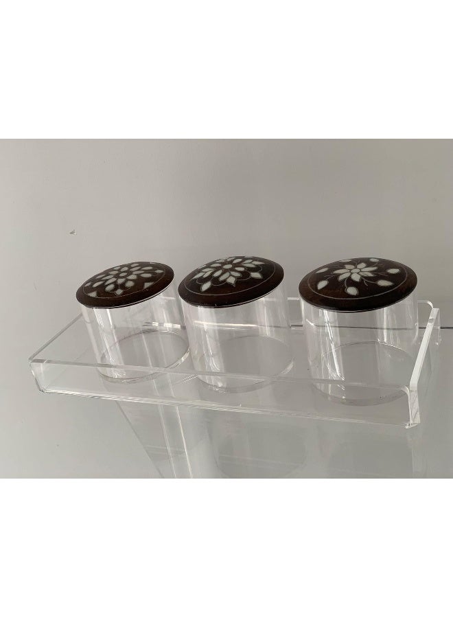 Horoof Home® Acrylic Tray with Wooden Lid Jars – Elegant Clear & Brown Organizer | Handmade Floral Design | Decorative Storage Box – 38L x 15W x 5H cm - Image 1