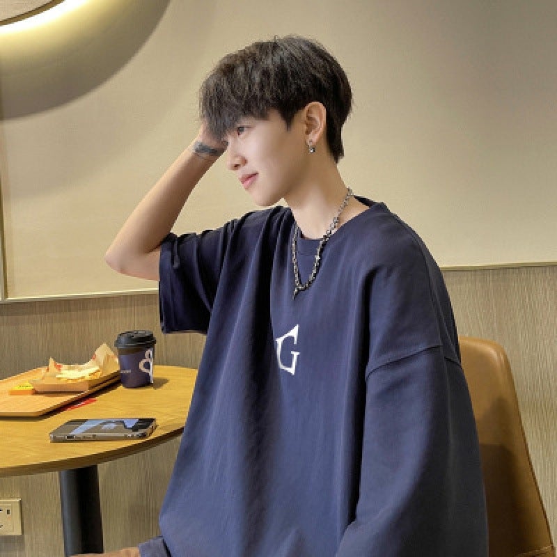 Fashion Brand Autumn Men'S Short-Sleeved T-Shirt Men'S Pure Cotton Crewneck Extra Large Size Fat Loose Short-Sleeved Purplish Blue 5 - Image 1