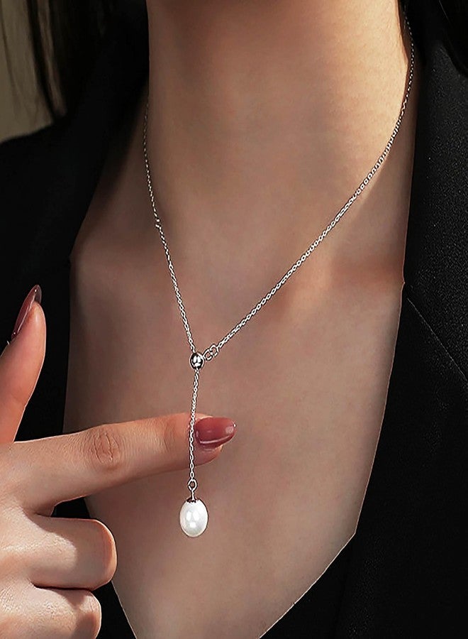 Olbye Pearl Pendant Necklace Silver Drop Necklace Choker Unique Necklace Jewelry for Women (Silver) - Image 2