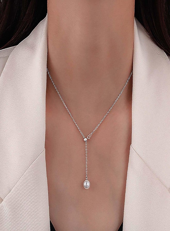 Olbye Pearl Pendant Necklace Silver Drop Necklace Choker Unique Necklace Jewelry for Women (Silver) - Image 4