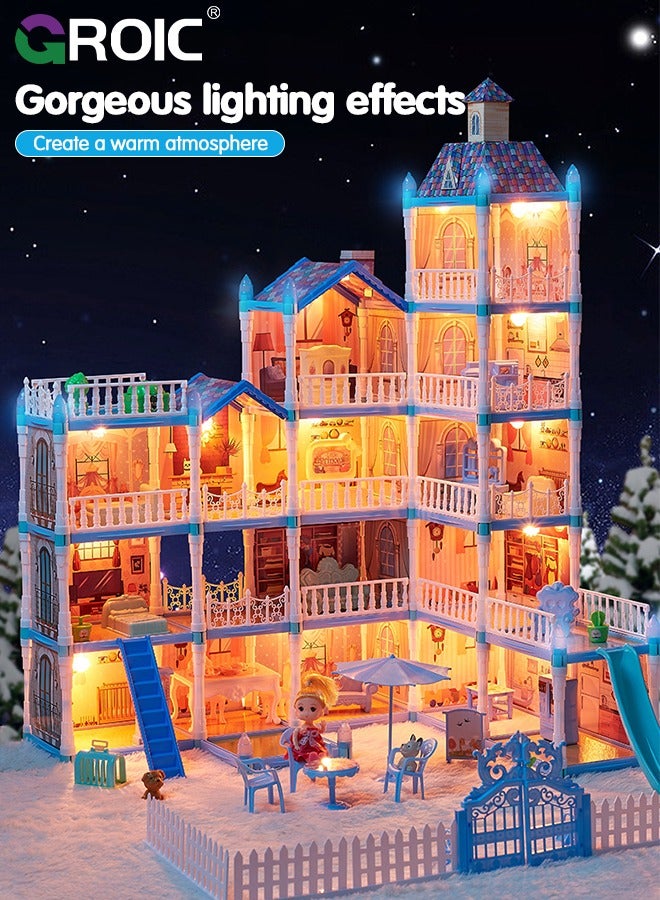 GROIC Dollhouse Doll House Toys, 5 Storeys 16 Rooms 3 Balcony, Large Dreamhouse Pretend Play Building Playset with 16 Rooms, Courtyard, Led Light & Slide, Dollhouse Asseccories and Furniture - Image 3