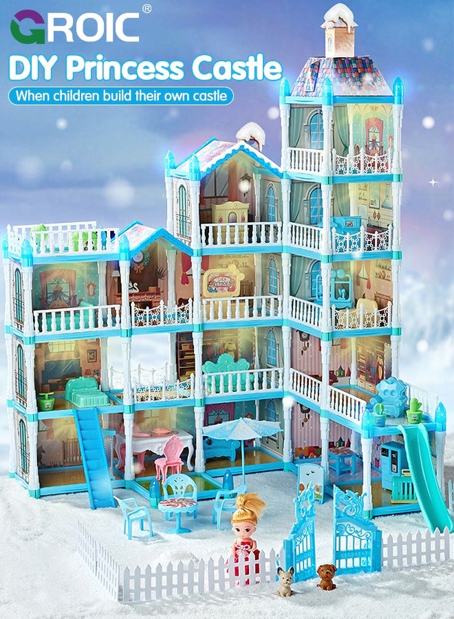 GROIC Dollhouse Doll House Toys, 5 Storeys 16 Rooms 3 Balcony, Large Dreamhouse Pretend Play Building Playset with 16 Rooms, Courtyard, Led Light & Slide, Dollhouse Asseccories and Furniture - Image 2