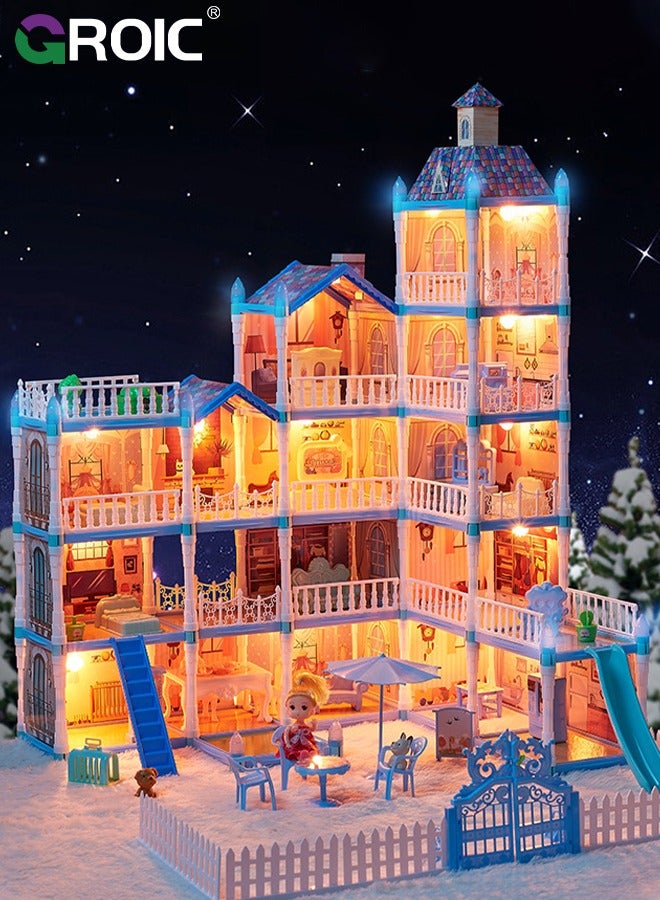 GROIC Dollhouse Doll House Toys, 5 Storeys 16 Rooms 3 Balcony, Large Dreamhouse Pretend Play Building Playset with 16 Rooms, Courtyard, Led Light & Slide, Dollhouse Asseccories and Furniture - Image 1
