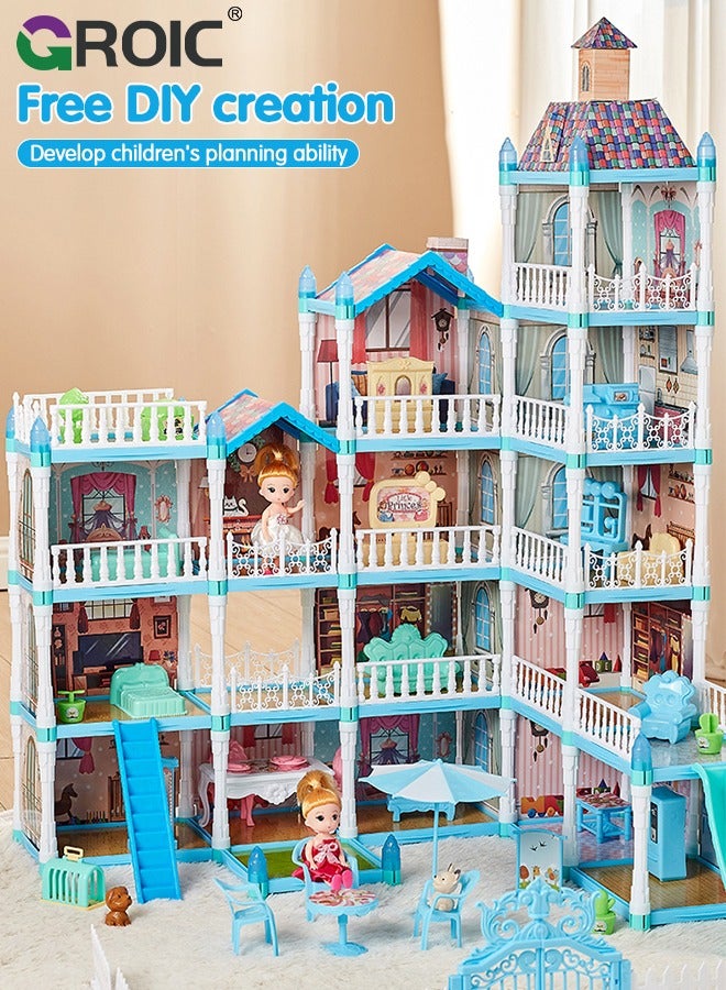 GROIC Dollhouse Doll House Toys, 5 Storeys 16 Rooms 3 Balcony, Large Dreamhouse Pretend Play Building Playset with 16 Rooms, Courtyard, Led Light & Slide, Dollhouse Asseccories and Furniture - Image 5